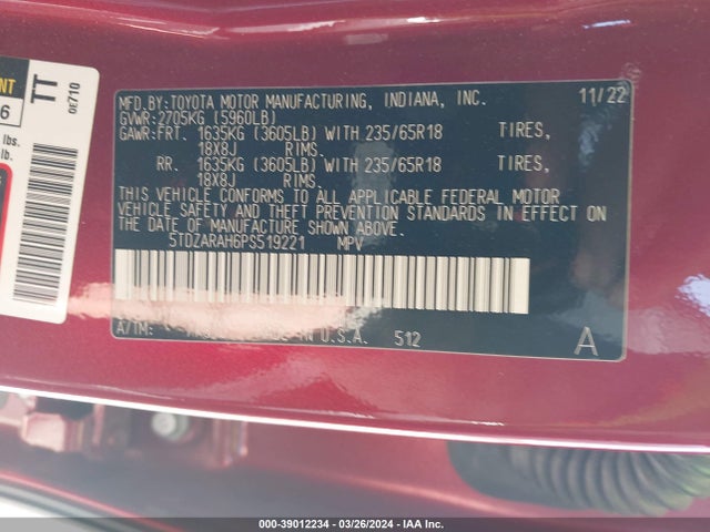 5TDZARAH6PS519221 Toyota Highlander Hybrid Le