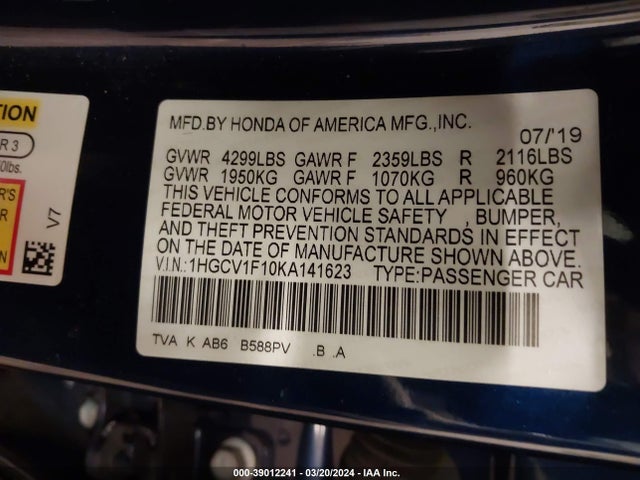 Honda ACCORD LX 2019 1HGCV1F10KA141623 Image 9