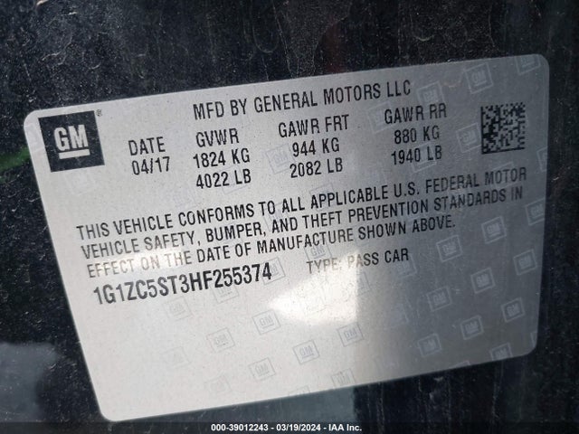 Chevrolet Malibu 1fl 2017 1G1ZC5ST3HF255374 Image 9