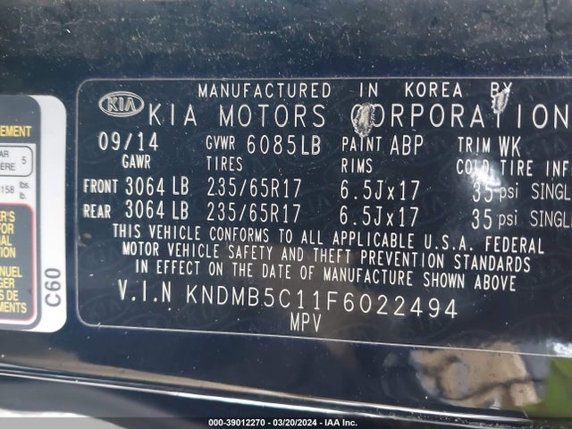 KIA SEDONA LX 2015 KNDMB5C11F6022494 Image 9