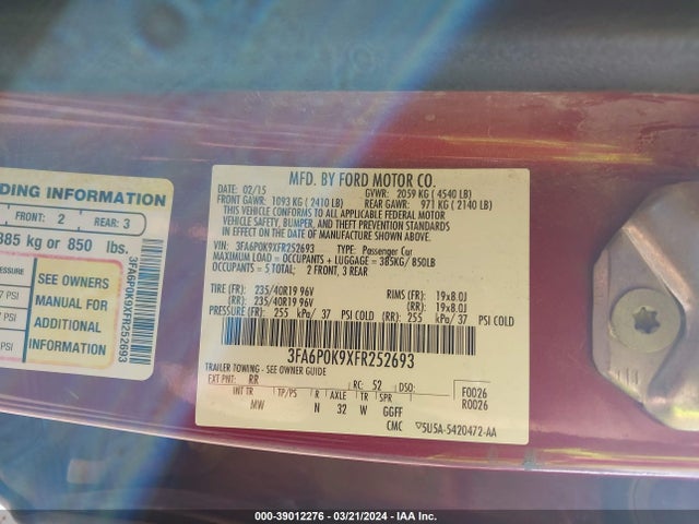 Ford Fusion Titanium 2015 3FA6P0K9XFR252693 Image 9