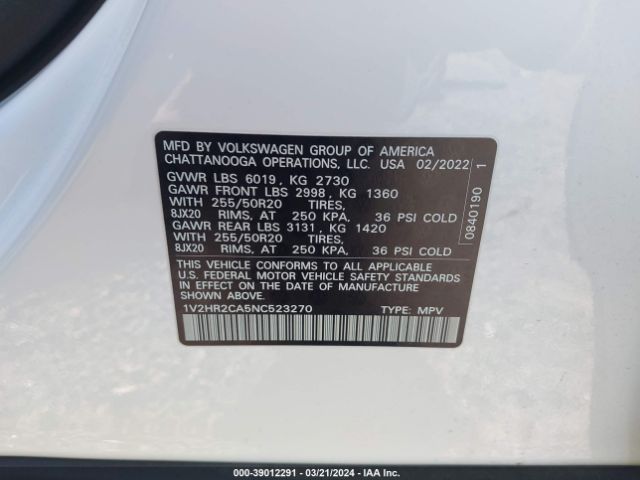 1V2HR2CA5NC523270 Volkswagen Atlas 3.6l V6 Se W/technology