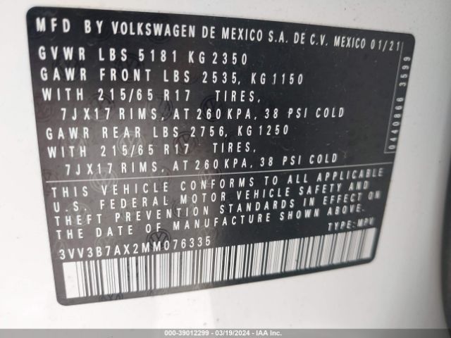3VV3B7AX2MM076335 Volkswagen Tiguan 2.0t Se/2.0t Se R-line Black/2.0t Sel