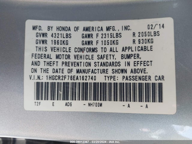 Honda ACCORD EX 2014 1HGCR2F76EA162740 Image 9