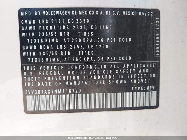 3VV3B7AX7NM116720 Volkswagen Tiguan 2.0t Se