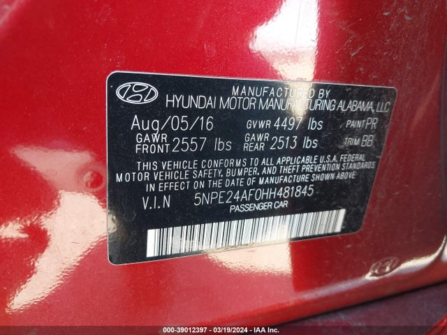 Hyundai SONATA SE 2017 5NPE24AF0HH481845 Image 9