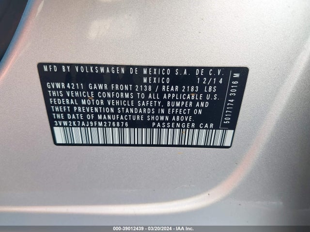 3VW2K7AJ9FM276876 Volkswagen Jetta 2.0l S
