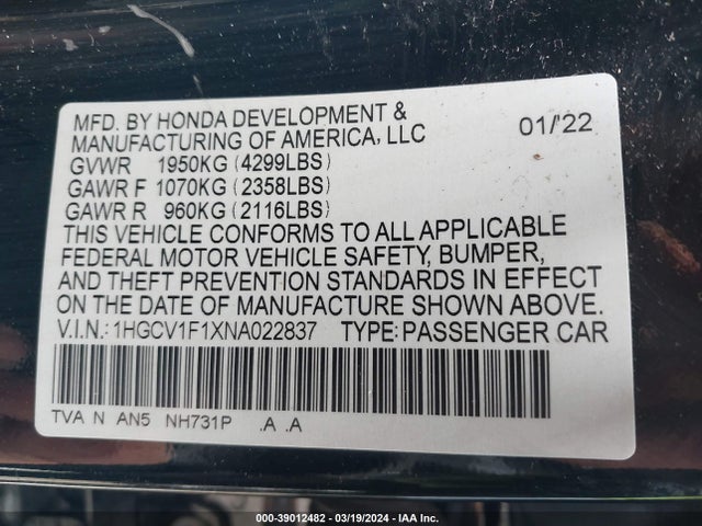 Honda ACCORD LX 2022 1HGCV1F1XNA022837 Image 9