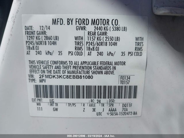 Ford Edge Limited 2014 2FMDK3KC8EBB81080 Image 9