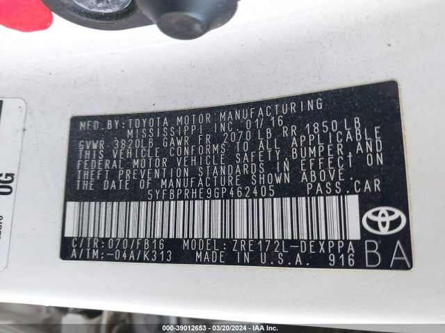 Toyota Corolla Le Plus 2016 5YFBPRHE9GP462405 Image 9