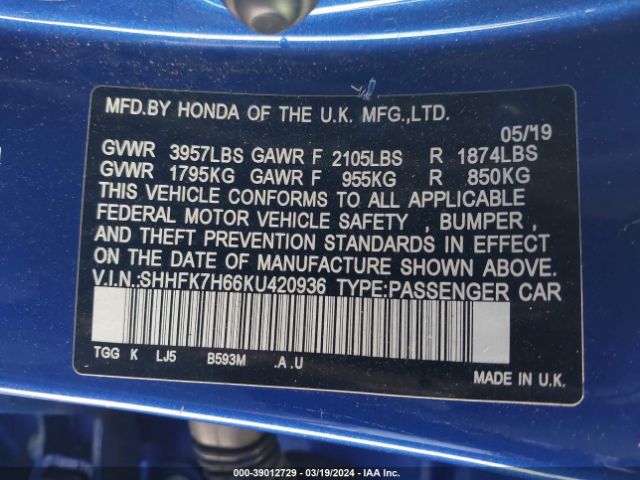 2019 HONDA CIVIC SHHFK7H66KU420936 Photo 8