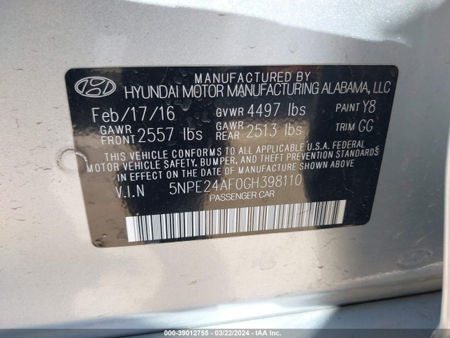 Hyundai Sonata 2016 5NPE24AF0GH398110 Image 9
