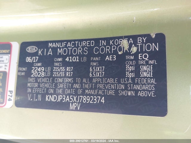 KIA SOUL + 2018 KNDJP3A5XJ7892374 Image 9