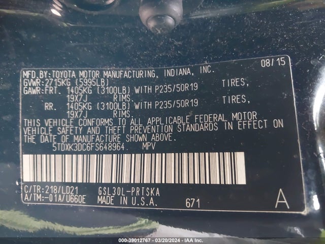 Toyota Sienna Se 8 Passenger 2015 5TDXK3DC6FS648964 Image 9