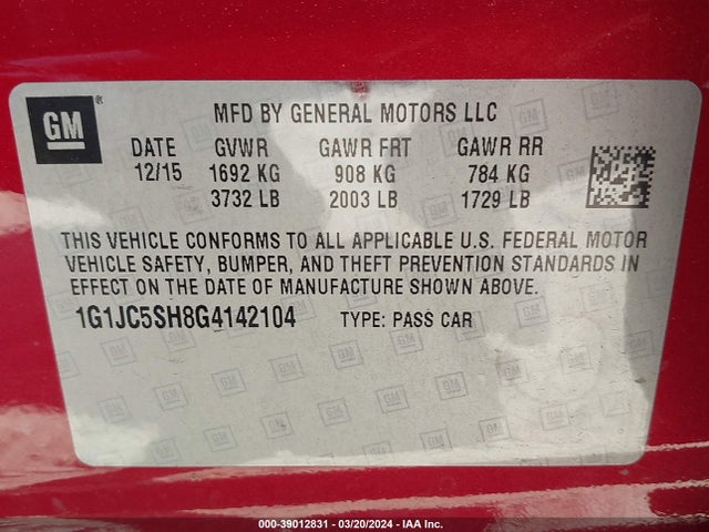 Chevrolet Sonic Lt Auto 2016 1G1JC5SH8G4142104 Image 9