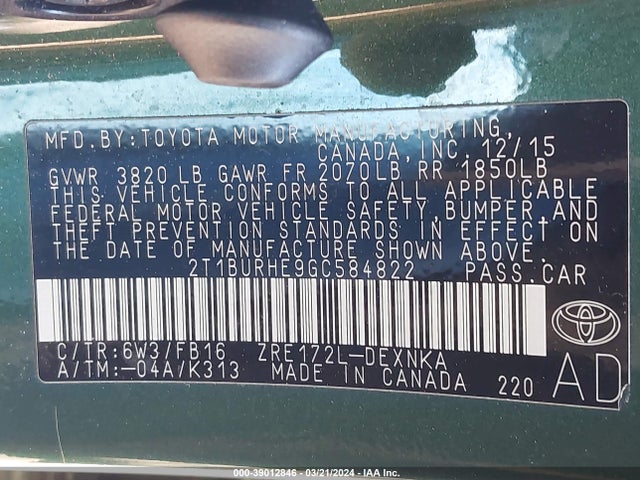 Toyota COROLLA LE 2016 2T1BURHE9GC584822 Image 9