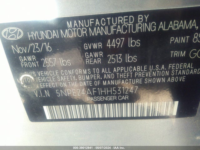 Hyundai Sonata 2017 5NPE24AF1HH531247 Image 9