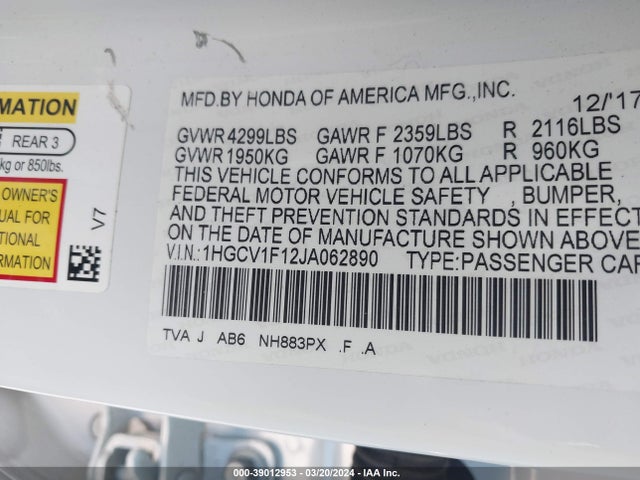 Honda ACCORD LX 2018 1HGCV1F12JA062890 Image 9