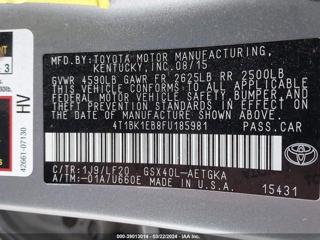 Toyota Avalon Xle Premium 2015 4T1BK1EB8FU185981 Image 8