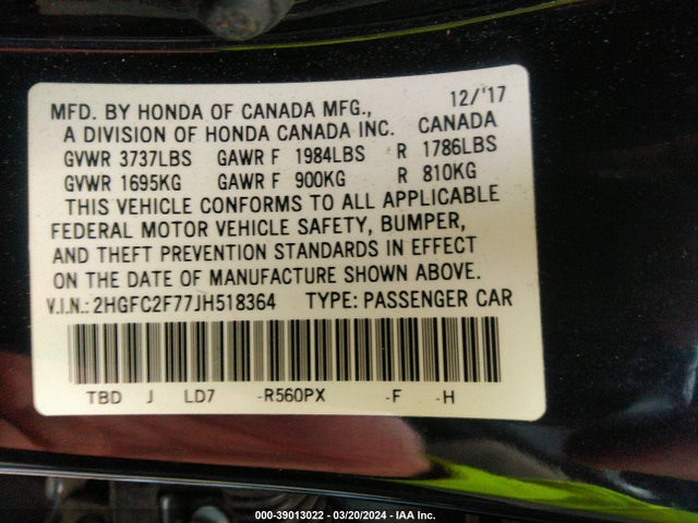 Honda CIVIC EX 2018 2HGFC2F77JH518364 Image 9