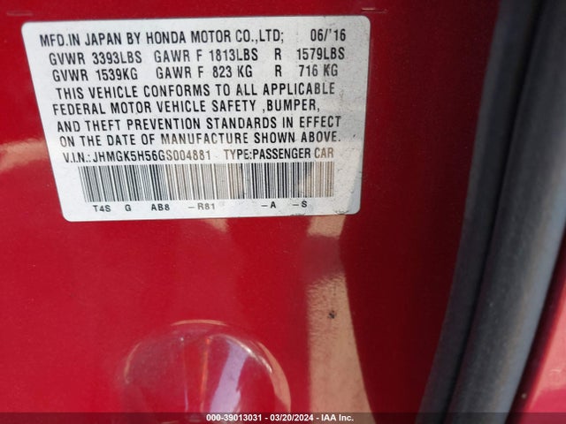 Honda FIT LX 2016 JHMGK5H56GS004881 Image 9