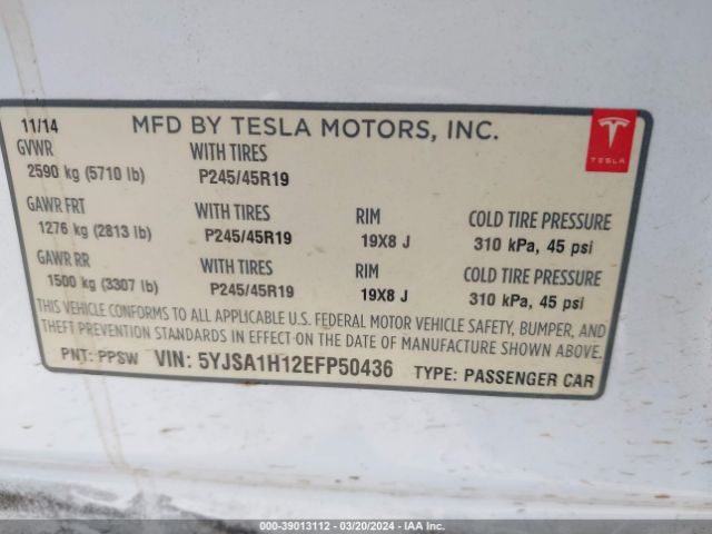 5YJSA1H12EFP50436 Tesla Model S P85