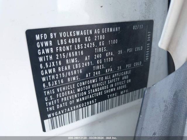 WVGAV7AX9HK029857 Volkswagen Tiguan 2.0t/2.0t S