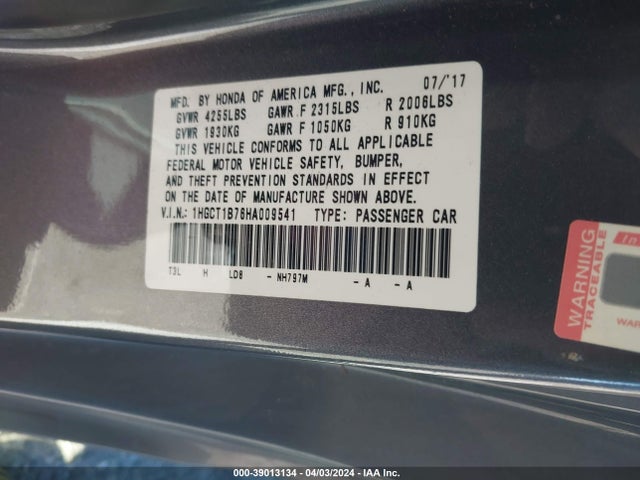 Honda ACCORD EX 2017 1HGCT1B76HA009541 Image 9
