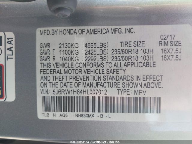 5J6RW1H84HL007012 Honda Cr-v Ex-l/ex-l Navi