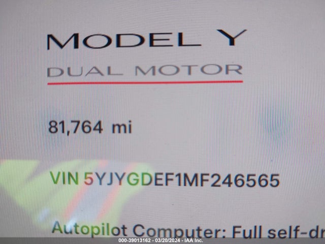 5YJYGDEF1MF246565 Tesla Model Y Performance Dual Motor All-wheel Drive