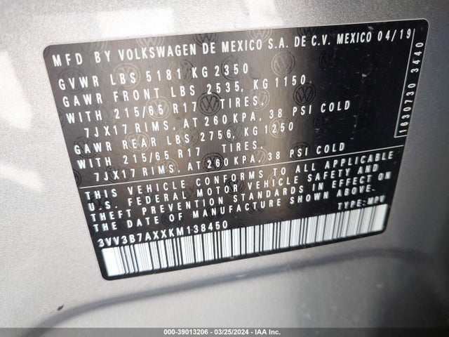 3VV3B7AXXKM138450 Volkswagen Tiguan 2.0t Se/2.0t Sel/2.0t Sel R-line/2.0t Sel R-line Black