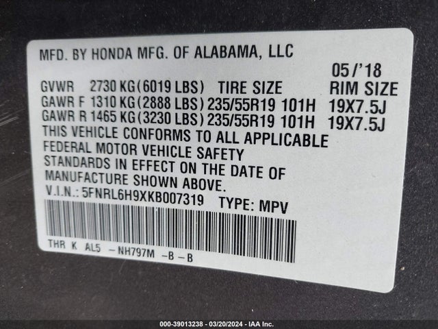Honda Odyssey Elite 2019 5FNRL6H9XKB007319 Image 9
