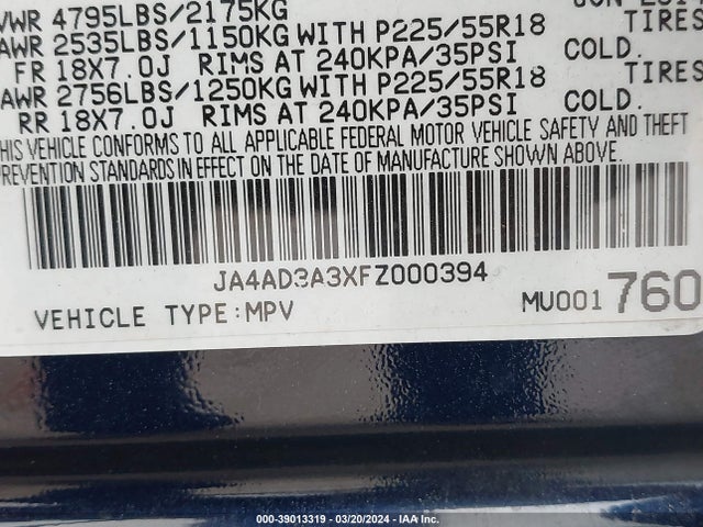 JA4AD3A3XFZ000394 Mitsubishi Outlander Se