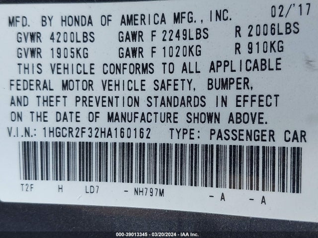 Honda ACCORD LX 2017 1HGCR2F32HA160162 Image 9