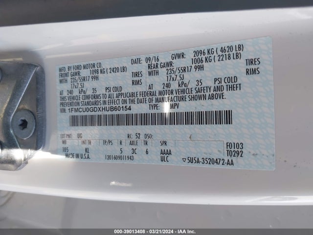 Ford ESCAPE SE 2017 1FMCU0GDXHUB60154 Image 9