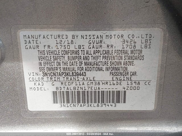 Nissan Versa 1.6 Sv 2019 3N1CN7AP3KL839443 Image 9