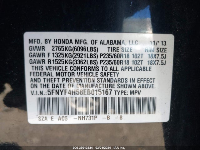Honda Pilot Ex-l 2014 5FNYF4H58EB015167 Image 9