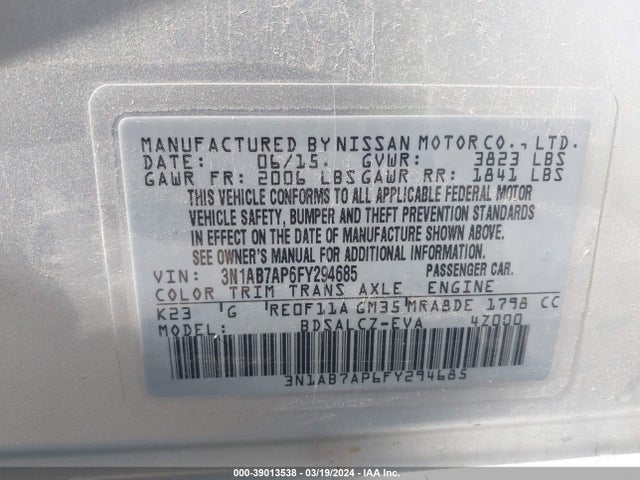 Nissan SENTRA S 2015 3N1AB7AP6FY294685 Image 9