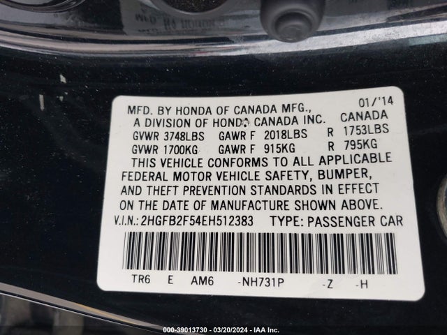 Honda Civic Lx 2014 2HGFB2F54EH512383 Image 9