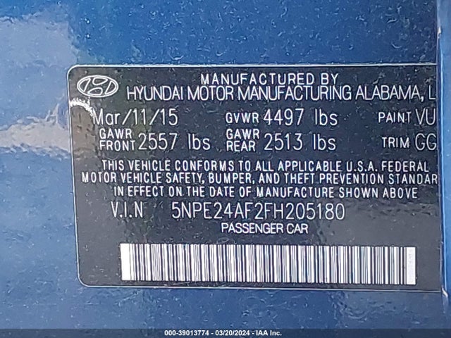 Hyundai SONATA SE 2015 5NPE24AF2FH205180 Image 9