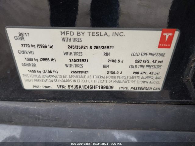 5YJSA1E46HF199009 Tesla Model S 100d/60d/75d/90d/p100d