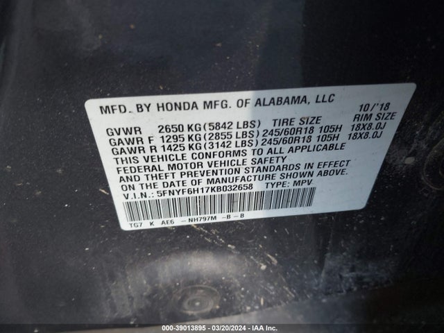 Honda PILOT LX 2019 5FNYF6H17KB032658 Image 9