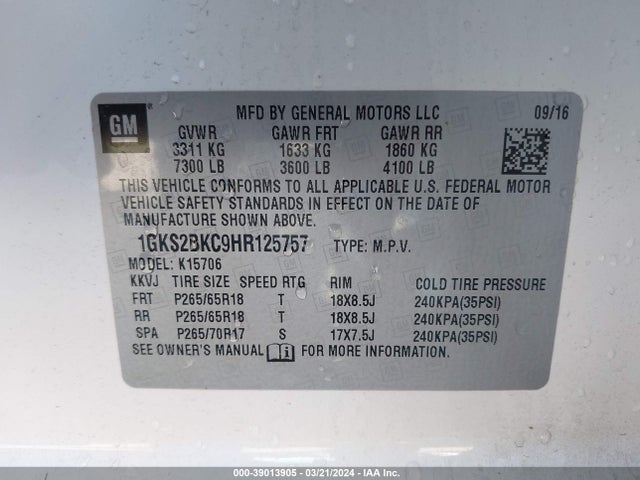 GMC YUKON SLT 2017 1GKS2BKC9HR125757 Image 9