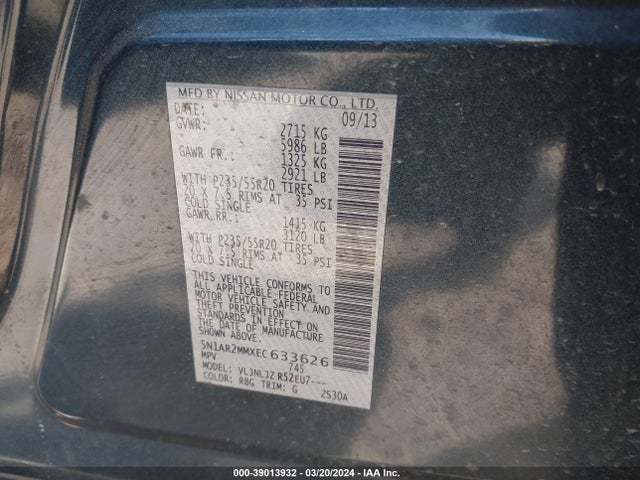 Nissan Pathfinder Platinum 2014 5N1AR2MMXEC633626 Image 9