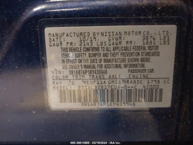 Nissan SENTRA SV 2019 3N1AB7AP1KY439948 Image 9