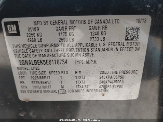 Chevrolet EQUINOX 1LT 2014 2GNALBEK5E6170734 Image 9