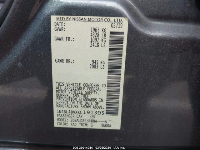 Nissan Altima 2.5 S 2019 1N4BL4BVXKC191305 Image 9