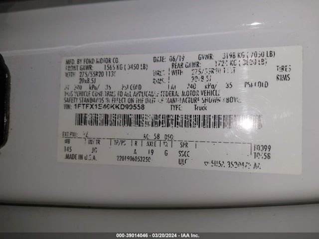 Ford F-150 Xl 2019 1FTFX1E46KKD99558 Image 9