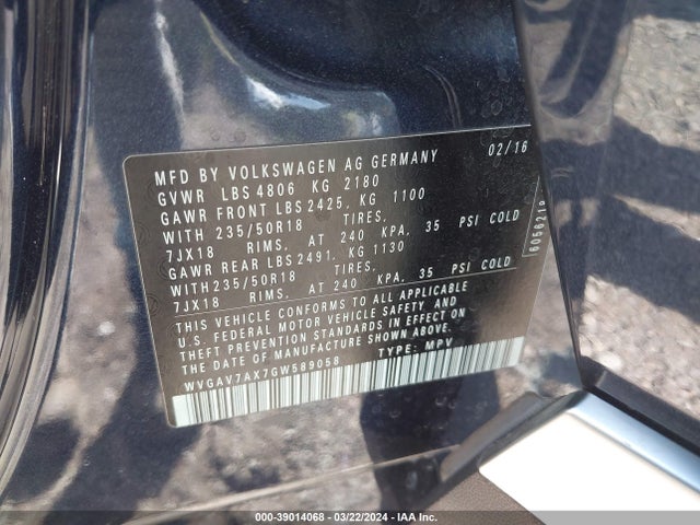 Volkswagen TIGUAN SE 2016 WVGAV7AX7GW589058 Image 9