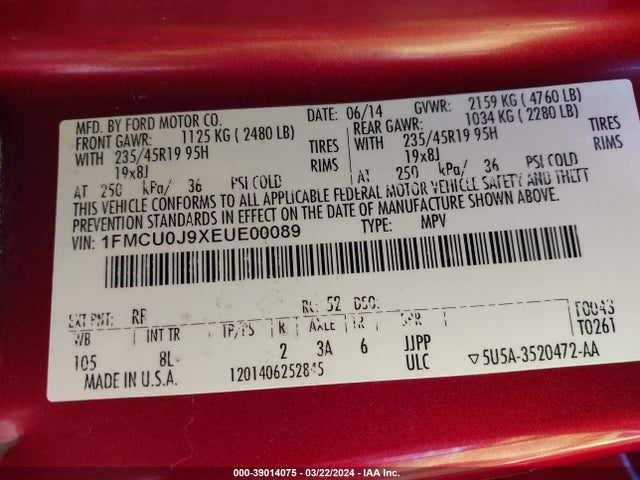 Ford Escape Titanium 2014 1FMCU0J9XEUE00089 Image 9